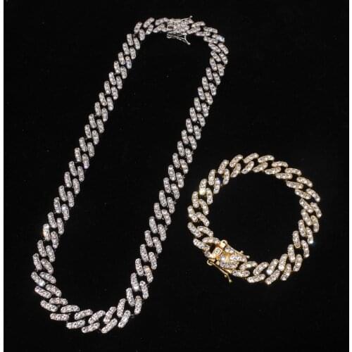 Miami Prong Cuban Chain Link Gold Silver Color Necklaces Full Iced Out Rhinestones Bracelet Set for Mens Hip Hop Chains