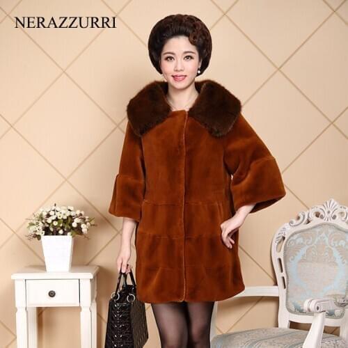 Nerazzurri Middle Aged Women Winter Faux Fur Coat With Fox Fur Collar Drawstring Warm Fake Fur Jacket Large Size Outwear 5XL 6XL