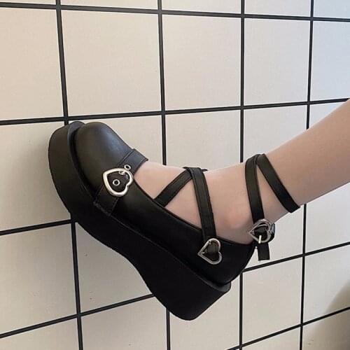 Lolita Shoes Cross-tied Platform Shoes Heart shaped buckle Casual Shoes Punk Thick Sole Girls Shoes Ankle Strap Woman Shoe 8830N