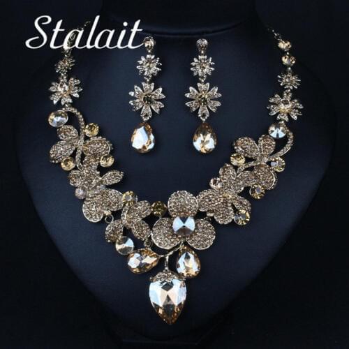 Charm Wedding Bridal Flower Crystal Rhinestone Necklace Earrings Sets Jewelry Sets New Women Fashion Luxury Dress Accessories