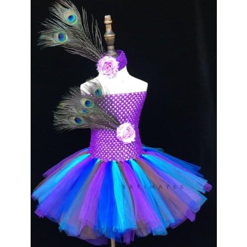Girls Peacock Feather Flower Tutu Dress Baby Purple Crochet Tulle Dress with Headband Set Kids Halloween Party Costume Dresses
