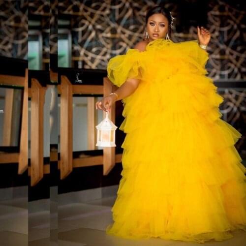 Trendy African Bright Gold Tulle Women Dresses To Birthday Prom Party Puffy RufflesTiered Tulle Lomg Prom Gowns Off Shoulder