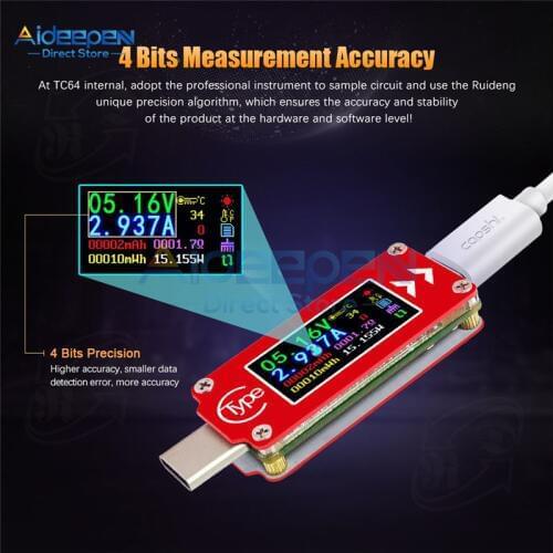TC64 Type-C LCD Color Screen USB Voltmeter Ammeter Multi-function Tester Tool Detection Voltage Current Meter Charging Monitor