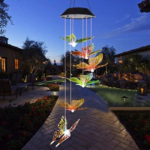 6 LED Solar Hummingbird Wind Chime Butterfly Color Changing Mobile LED Solar Hanging Patio Light Porch Deck Garden Decor Home