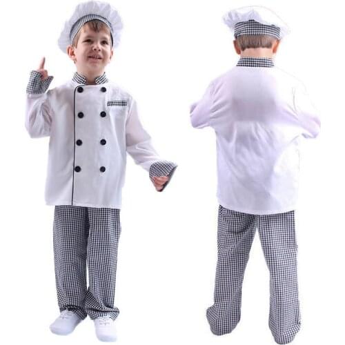 Baby boys chef uniform white shirt + plaid pants + Give chef hat cosplay suit with long sleeves for childrens clothes Costumes