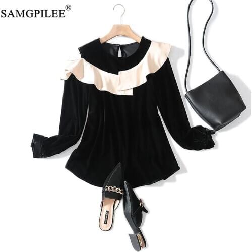 Autumn And Winter T-shirt For Women 2020 Casual T-shirty Damskie Corduroy Full Sleeve Ruffles Patchwork Women Fashion T-shirts