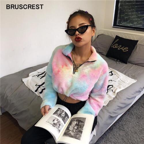 2019 Vintage tie dyeing faux fur coat women sexy crop coat kawaii pink long sleeve jacket lambswool pullover fall jacket korean