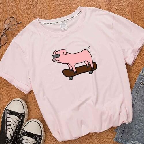 Women Plus Size Harajuku Summer Print Lady T-shirts Top Skateboard Pig Graphic Tees Funny Shirts for Woman Loose Crew Neck