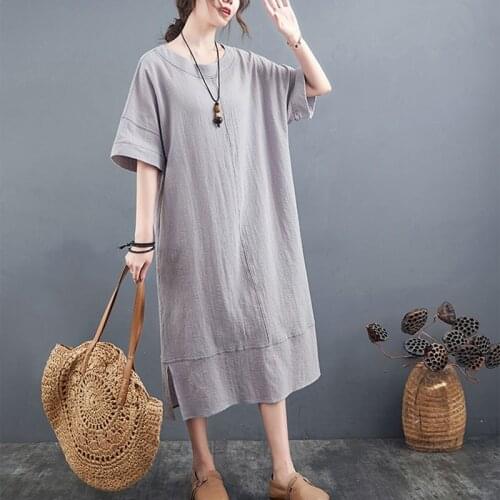 Oversized Women Cotton Linen Casual Dress New 2021 Summer Simple Style Vintage Solid Color Loose Female Long Dresses S3508