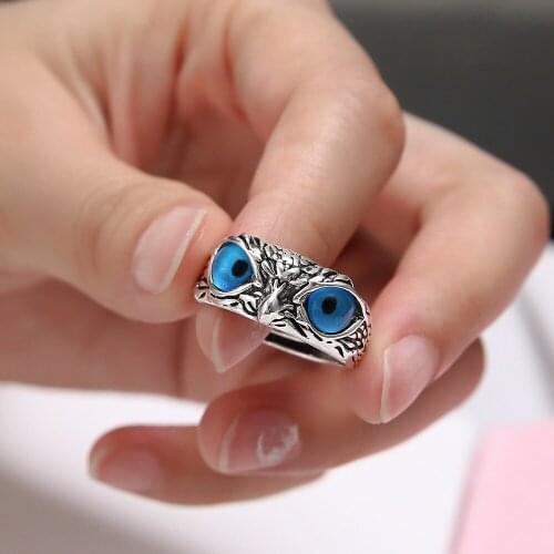 Fashion Retro Alloy Blue Eye Owl Ring for Women Bohemian Personality Silver Adjustable Ring New Finger Ring Jewelry Girl Gift