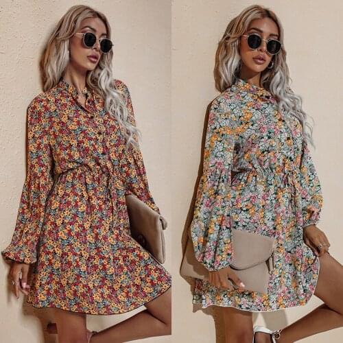 Female Autumn and Winter New Fashion V-neck High-waisted Floral Chiffon Dress V-neck High-waist Floral Dress