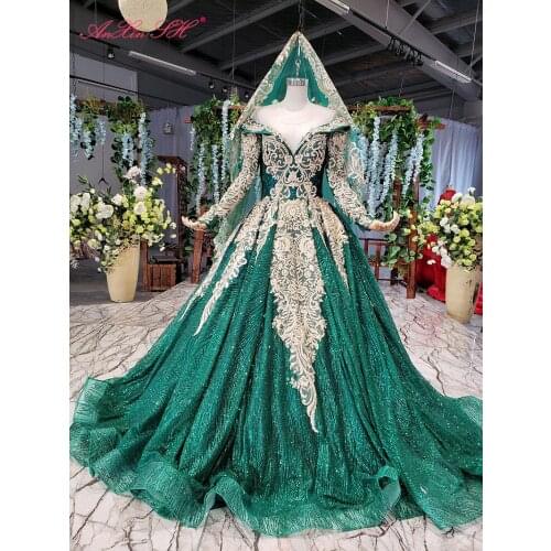 AnXin SH Luxury princess green lace o neck beading flower crystal illusion long sleeve ruffles wedding dress 100% real photo