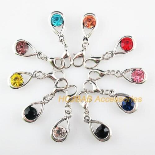 10 New Teardrop 9.5x17.5mm Charms Mixed Round Crystal Tibetan Silver Plated Retro With Lobster Claw Clasps