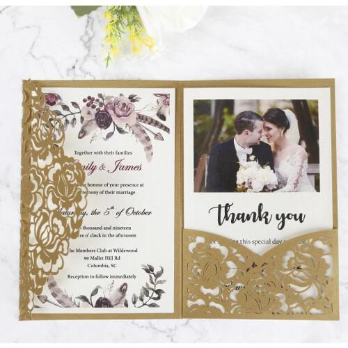 100pcs Gold Laser Cut Floral Invitation Cards for Wedding / Party / Quinceanera / Anniversary / Birthday, CW0008