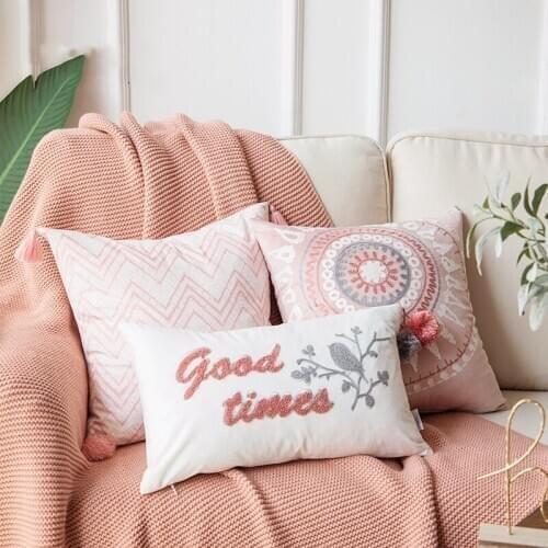 45x45cm/50x30cm pink white embroidered cushion cover sofa tufted lumbar pillowcase decorative white fur throw pillow cover