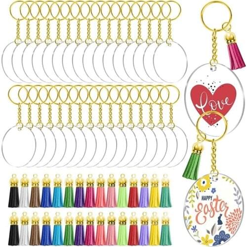 ANGELADY 30Pcs Round Acrylic Keychain Blank Leather Tassel Jewelry Making for DIY Keychain and Tags