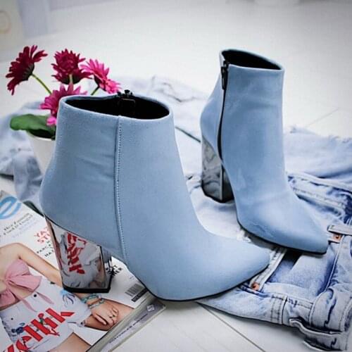 Ankle Boots Women Thick High Heels Pointed Toe Western Cowboy Boots Female Green Red Blue Leather Shoes for Lady Autumn Size 43