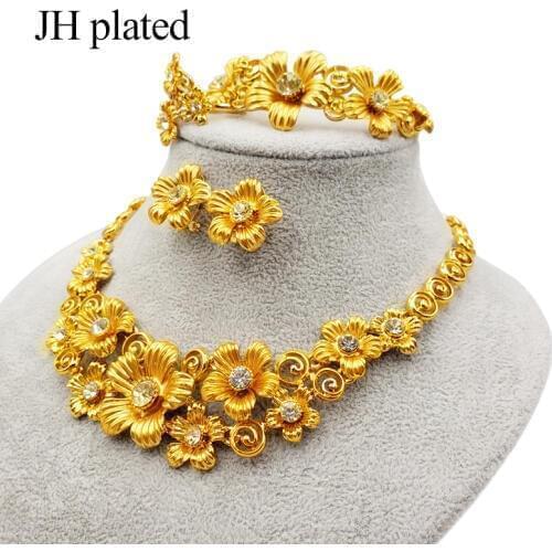 Dubai Luxury gold color Flowers Jewelry Sets of women African Ethiopian Necklace bangles Earrings Ring sets Wedding gifts