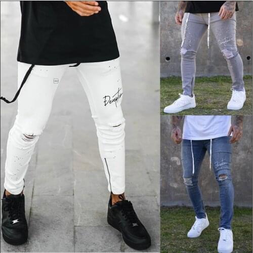 Embroider Lndividual Letters Ripped Jeans Men Skinny Casual Stretch Denim Pants Men Foot Zipper Jeans Biker Jogging Streetwear
