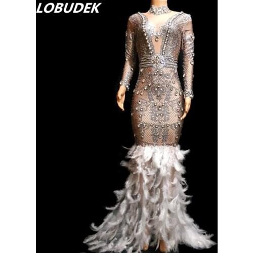 Glisten Rhinestones White Feather Trailing Dress Sexy Birthday Party Women Long Dress Costumes Nightclub Singer Host Stage Wear