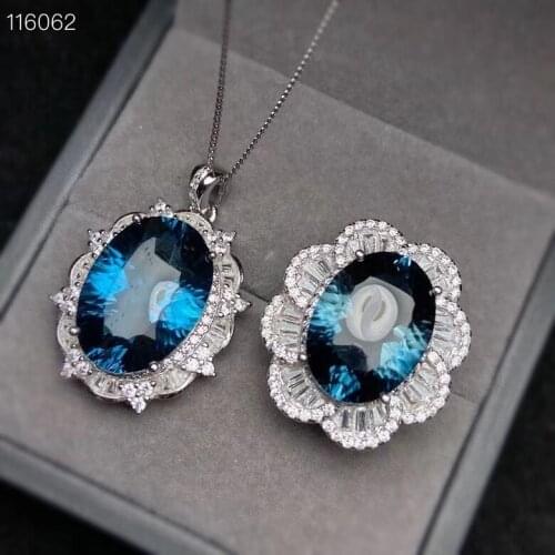 KJJEAXCMY fine jewelry 925 sterling silver inlaid Natural London Blue Topaz Womens luxurious elegant big gem ring pendant set s