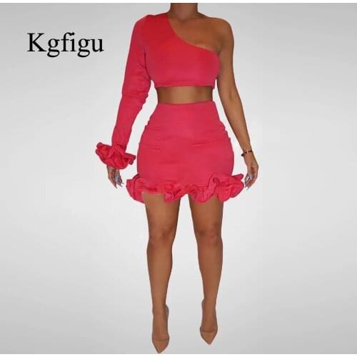 KGFIGU 2021 Summer Knitted Ruffles Party Skirts Two Piece Sets Women Sexy Long Sleeve Cute Tank Tops High Waist Mini Shorts