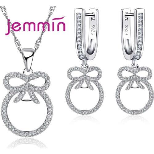 Creative Fashion Hollow Bowknot Rhinestone Pendant Necklane/Dangle Earrings 925 Sterling Silver Jewelry Sets for Women