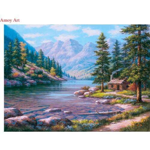 Framed DIY Mountain lake Landscape picture on wall acrylic painting by numbers kit for Living room Color by Number 4050