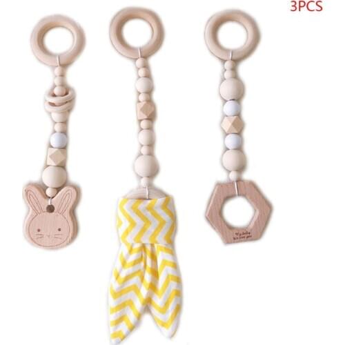 New 3Pcs Nordic Cartoon Baby Wooden Rabbit Ear Toy Pendant Gym Fitness Rack Ornament
