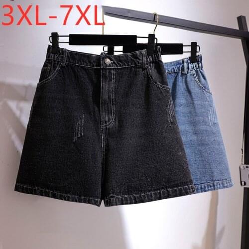 New 2021 Ladies Summer Plus Size Denim Shorts For Women Large Loose Cotton Wide Leg Pocket Black Hole Shorts 3XL 4XL 5XL 6XL 7XL