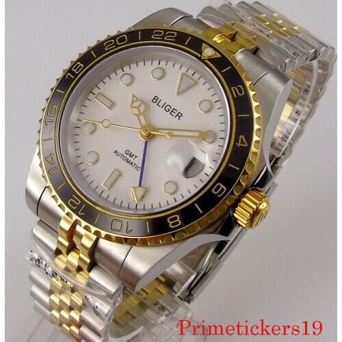 New luxury 40mm bliger white dial date indicator sapphire crystal GMT gold plated case jubilee band men wristwatch