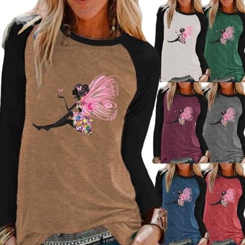 Autumn Ladies Casual Long Sleeve Shirt Top Fashion Round Neck Loose Fairy Print Womens T-shirt Sweatshirt XS-5XL