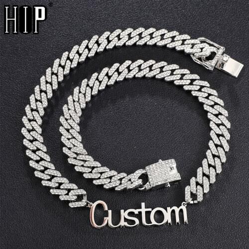 Hip Hop Name Necklace Custom Letter With 12MM Iced Out Prong Cuban Chain Stainless Steel Initial Letters Personalized Choker