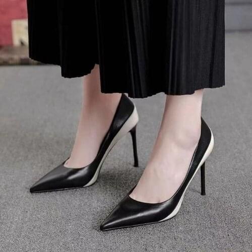 All Black Women Glossy Patent Leather Pointy Toe Stiletto Pumps Classic Elegant OL Ladies Slip on High Heel Dress Shoes