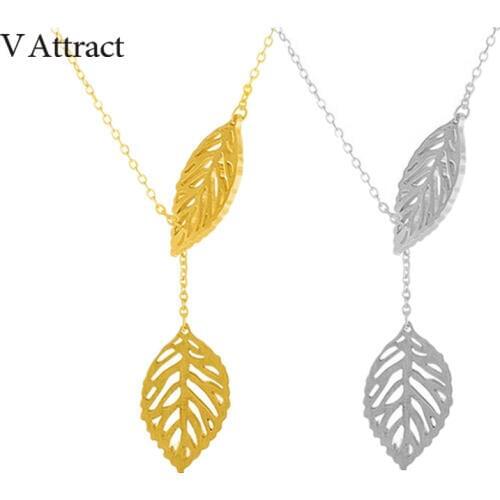 V Attract 10pcs 2018 Double Leaf Charm Lariat Necklaces Stainless Steel Fashion Gold Kolye Chain Jewelry Choker
