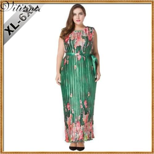 VITIANA Brand Womens Summer Elegant Beach Clothing Bohemian Green Print O Neck Maxi Long Party Dress Plus Size 5XL 6XL