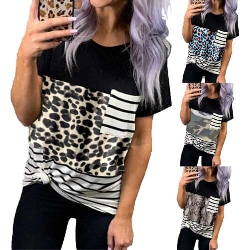 T Shirt Women Summer 2021 New Round Collar Short Sleeve T-shirt Head Female Leopard Splicing Tshirts CJF3901