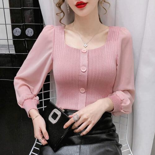 Women 2021 Spring Fashion Square Collar Slim Shirts Female New Long Sleeves Knitted Blouses Ladies Solid Color Thin Shirts W111