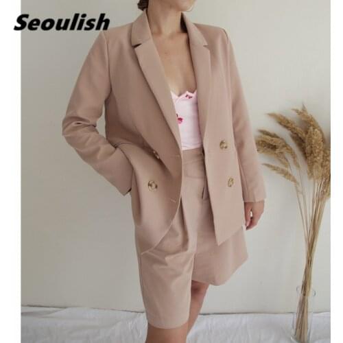 Seoulish 2021 New Spring Summer Women Shorts Suits Double Breasted Blazer and Wide Leg Shorts Elegant Office Womens Suits Sets