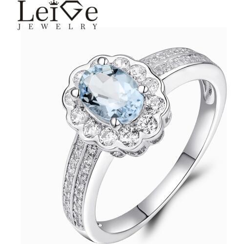 Leige Jewelry Natural Sterling Silver Blue Aquamarine Ring Halo Gemstone Wedding Promise Rings for Girl March Birthstone