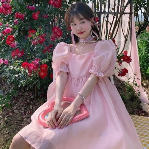 Bella Kawaii Mini Dress Summer 2021 Puff Sleeve Korean Casual Party Dresses Pink Sweet Cute Princess Lolita Sundress Beach Boho