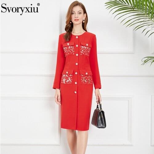 Svoryxiu Autumn Fashion Woman Red Black Retro Knee-Length Dress O-Neck Diamond Single Breasted Button Sequins Elegant Dresses