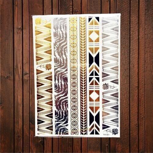 1PC Large Size Henna Metallic Gold Flash Tattoo Women Makeup Body Art Arm Sleeve Jewel Tattoo Sticker 21x15Cm Silver Gold Tattoo
