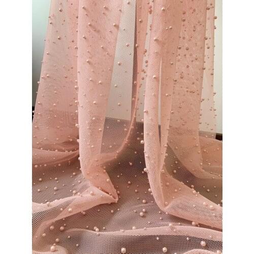 1 yards Pink Mesh Fabric With Pink Pearls Pearl Bead Net Fabric For Couture 2021 New Arrival