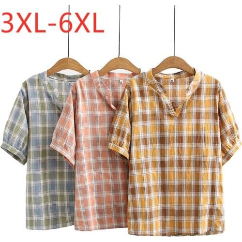 New 2021 Ladies Summer Plus Size Tops For Women Large Blouse Short Sleeve Loose Casual Cotton Yellow Plaid Shirt 3XL 4XL 5XL 6XL