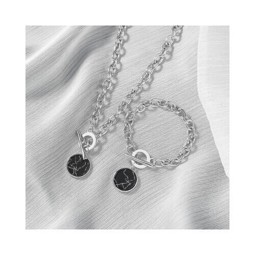 High Quality Casual Simple Black Round Lock Marble Pattern Chain Pendant Clavicle Chain Necklace Hiphop Female Fashion Jewelry