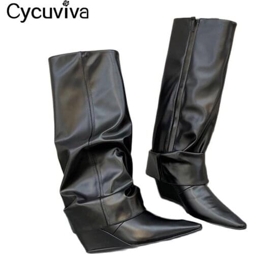 Designer Wedges Heels Knee High Boots Women Genuine Leather Point Toe Knight Boots Sexy High Heel Party Shoes Woman Long boots