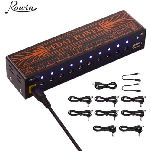 Rowin Compact Size Guitar Effect Power Supply Station 10 Isolated DC Outputs for 9V 12V 18V Guitar Effects with 5V USB Output
