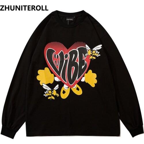 2021 Letter Heart Print Long Sleeve Tees Shirts Japan Style Streetwear Hip Hop Loose Summer Tshirts Men Fashion Kawaii Clothing