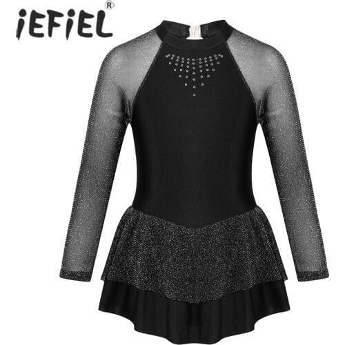 IEFiEL Kids Teen Holographic Keyhole Back Figure Skating Dress Leotard Ballroom Dancewear Ice Skating Dress for Girls Costumes
